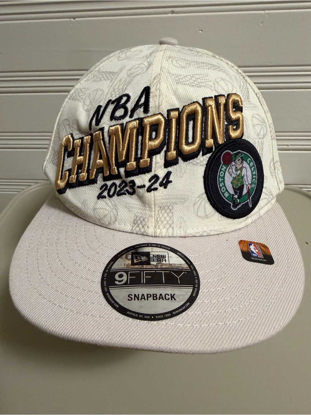 Boston Celtics New Era 9FIFTY Snapback Hat 2024 NBA Champions White Gold
